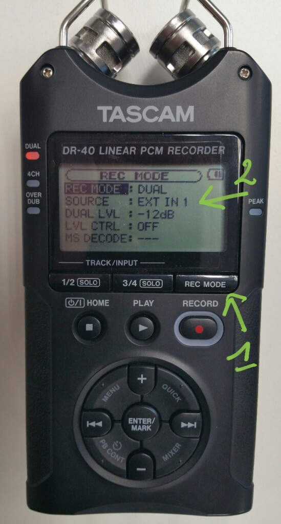 Configuration de la source audio dans le Tascam DR40 pour prendre le son du micro externe